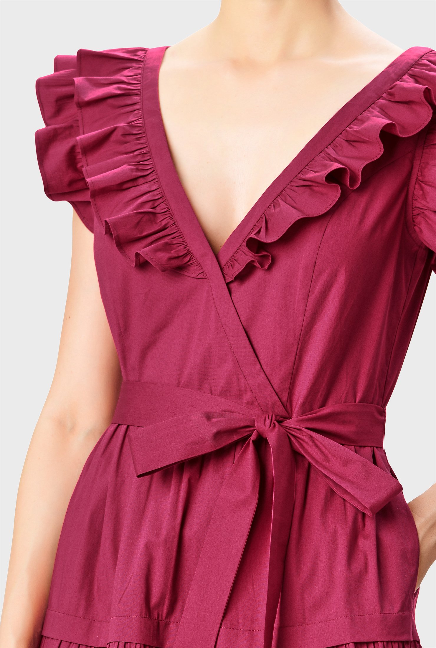 Ruched tiers form the flirty skirt of our cotton poplin dress that's textured with ruffles at the neckline and sleeves.