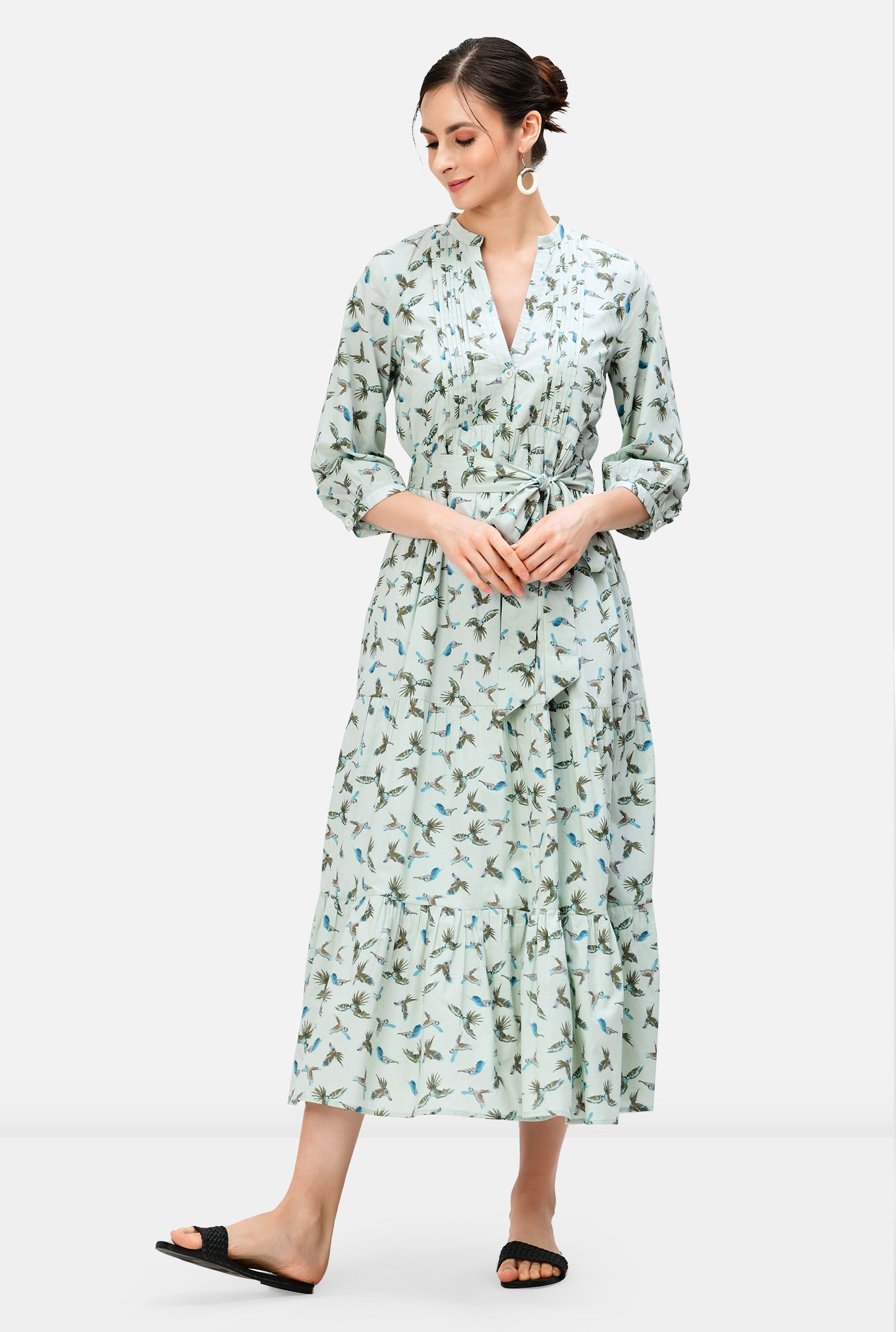 Bird flight! Our light and lovely cotton cambric dress with a fresh print and an airy silhouette features a pintuck-pleat empire bodice, swingy ruched tier full skirt and an optional self-sash-tie belt.