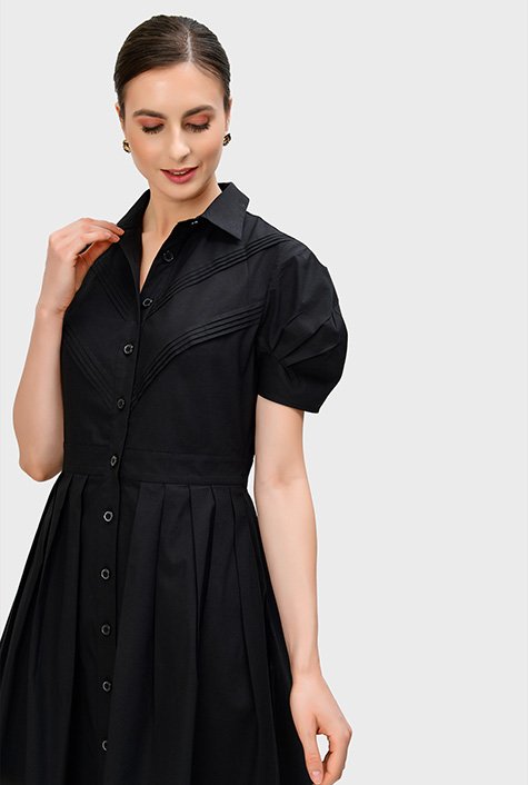 Cotton Poplin Cinched Waist Shirt Dress, Black