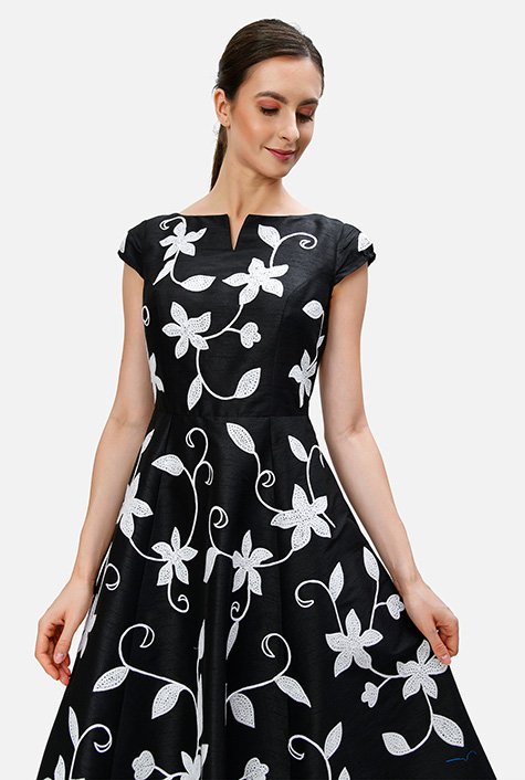 Shop Floral embroidery dupioni A-line dress | eShakti