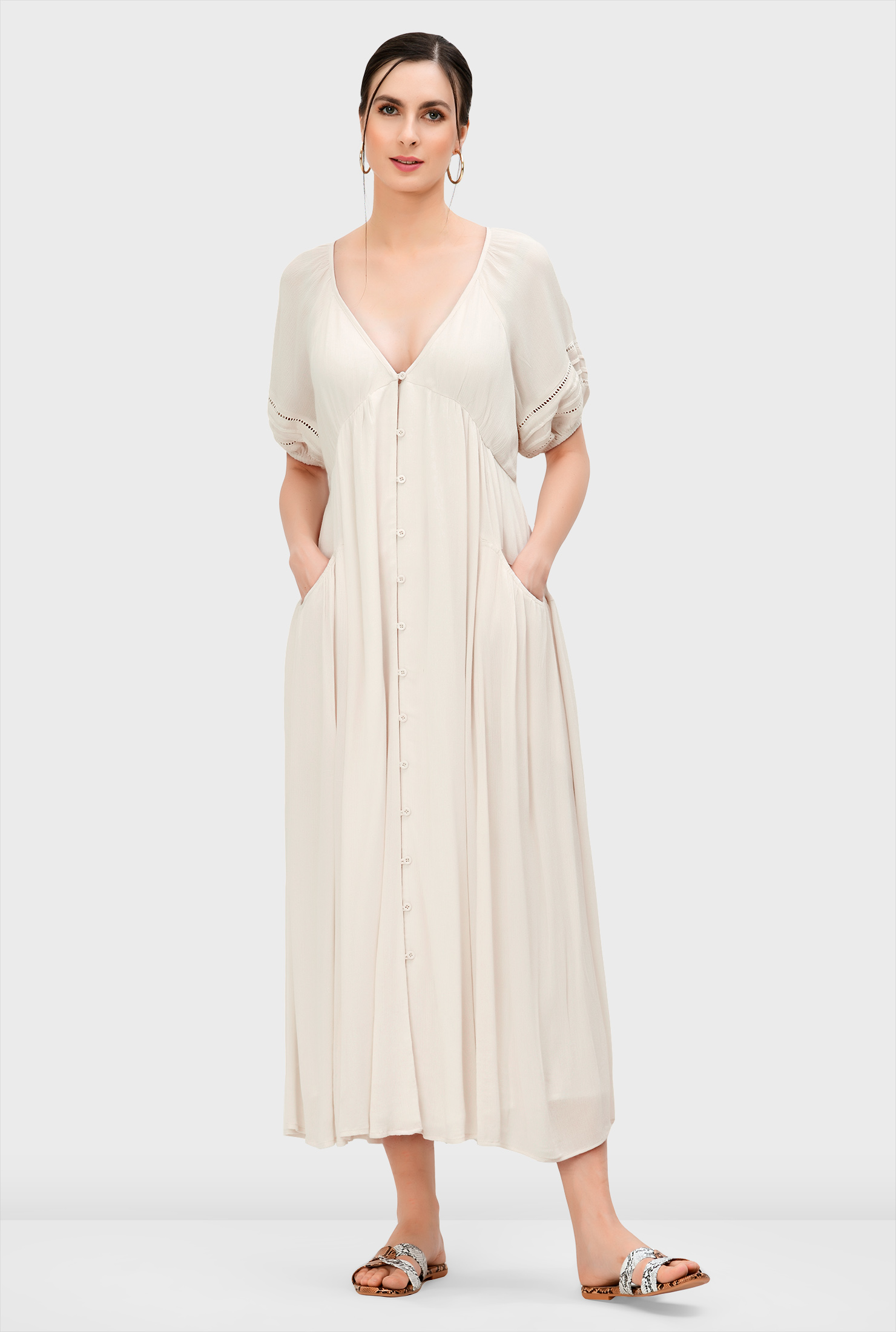 Shop Lattice trim crinkle gauze empire dress eShakti