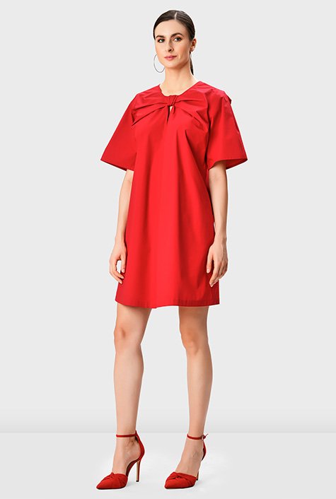 Shop Bow tie front cotton poplin shift dress eShakti