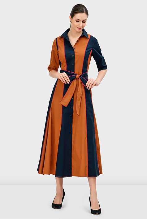 Shop Banded stripe colorblock cotton poplin shirtdress | eShakti