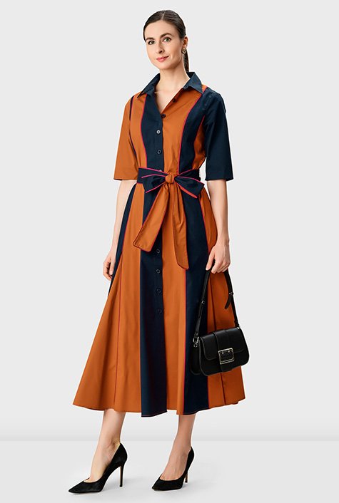 Shop Banded stripe colorblock cotton poplin shirtdress | eShakti