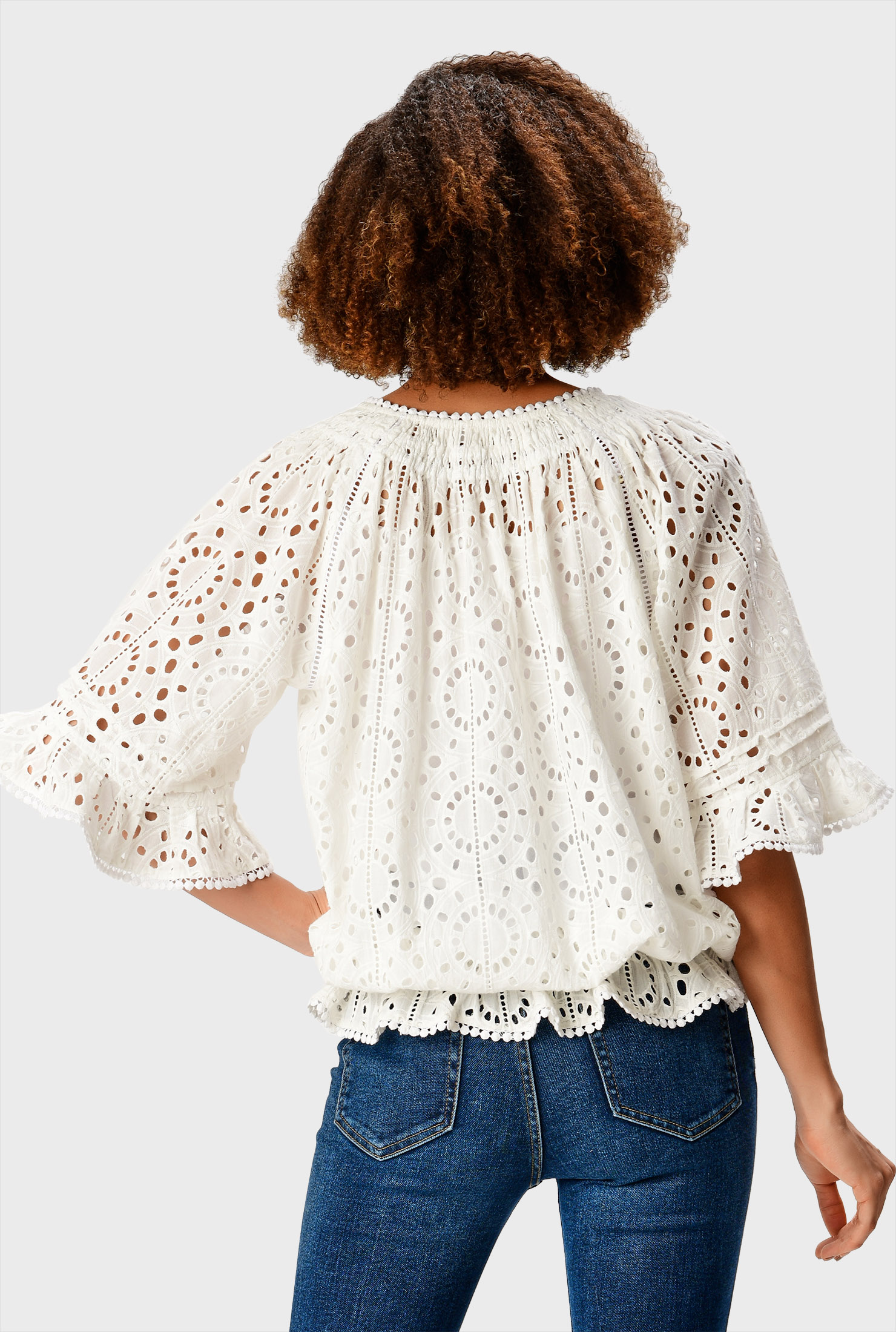 Shop Lace trim floral cotton eyelet blouson top eShakti