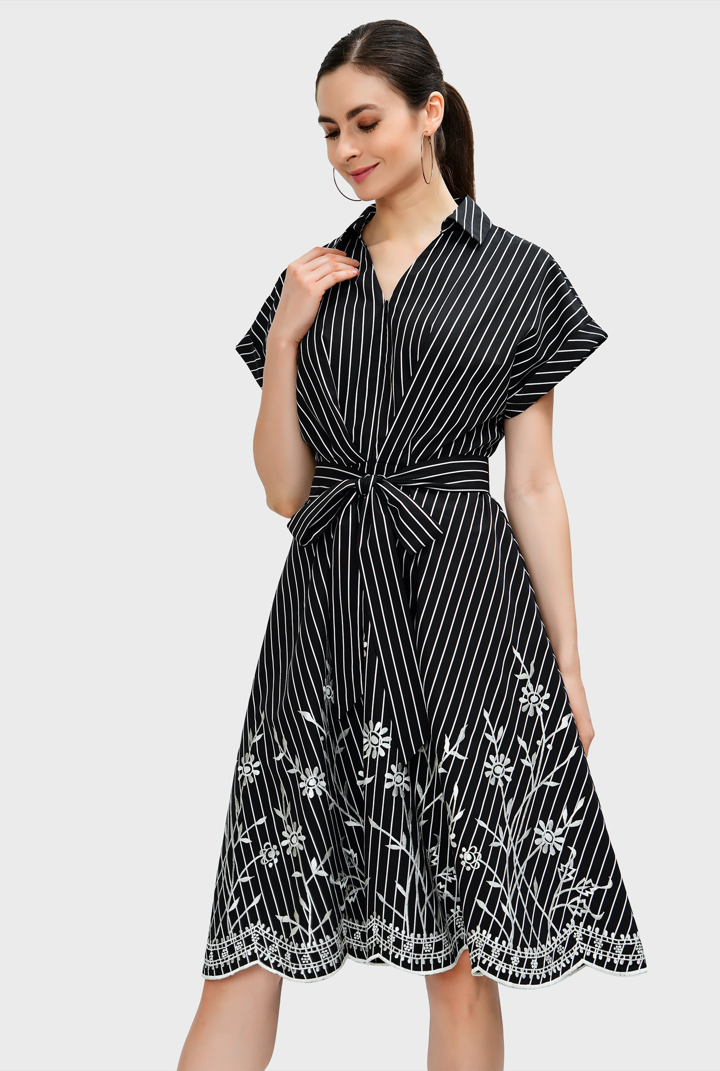 Shop Floral scallop embroidery stripe cotton dress eShakti