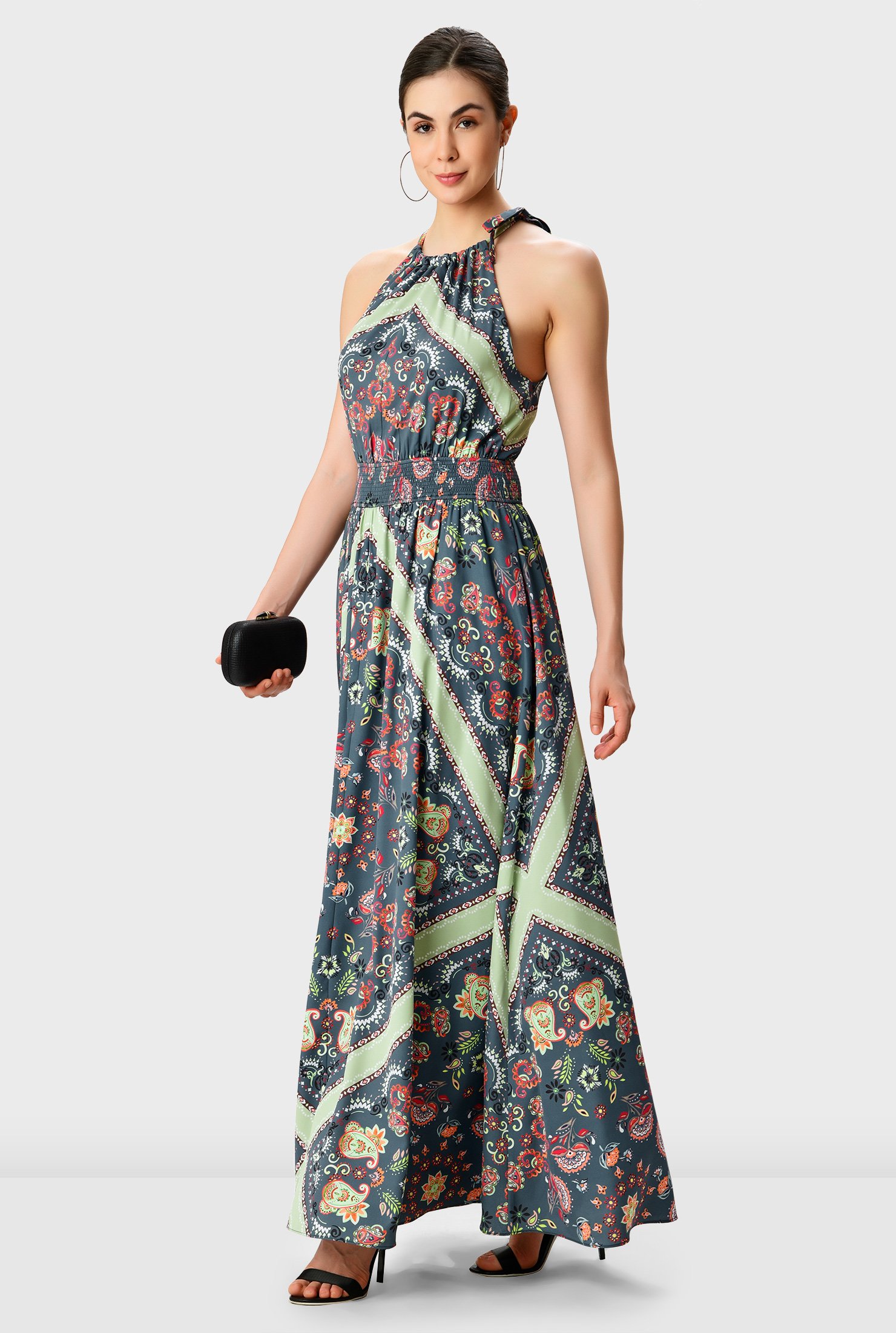 Shop Scarf print crepe smocked halter dress | eShakti