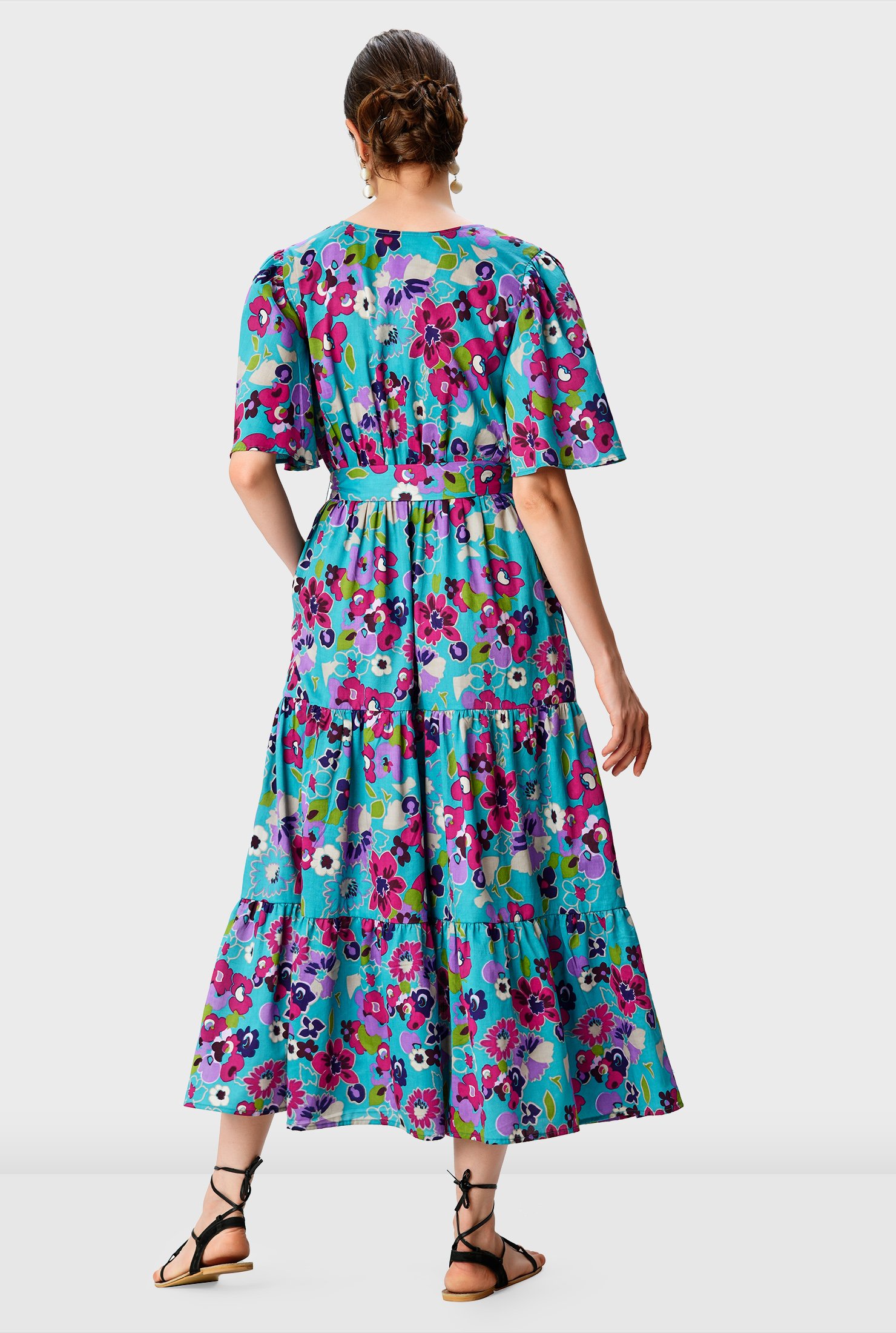 Shop Flutter sleeve floral print cotton ruched tier dress | eShakti