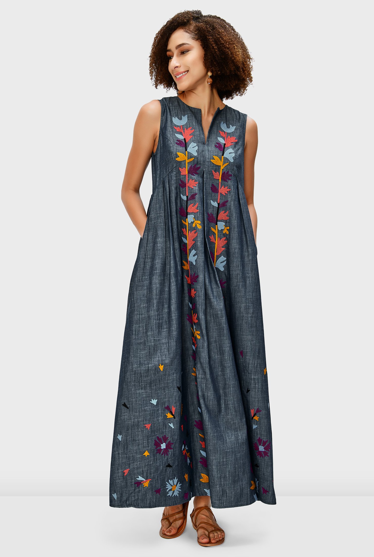 Bring a burst of vitality to your wardrobe in our relaxed cotton chambray dress with mood-boosting embroidery and release pleats for a full flare that strikes a balance between ease and elegance. 