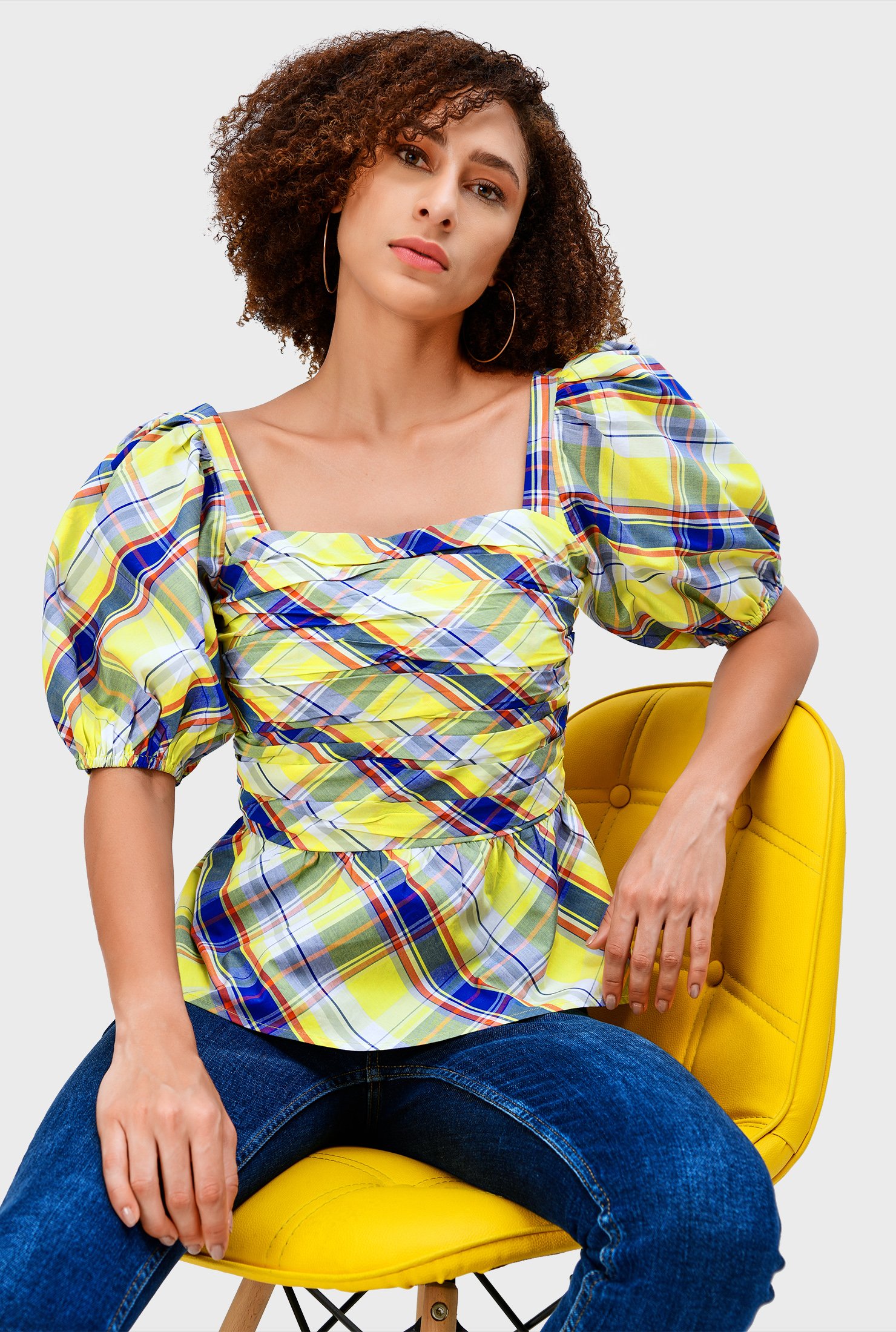 Shop Shirred cotton check smocked peplum blouse | eShakti