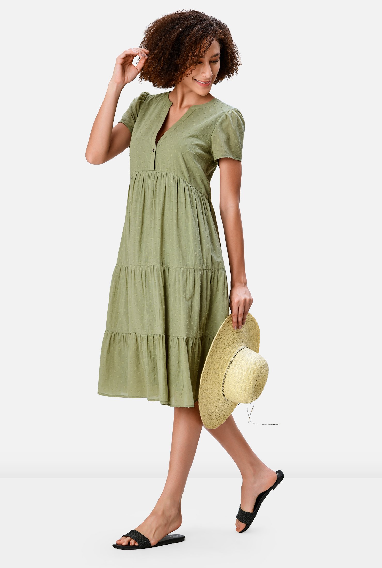 A sunny summer calls for a feminine piece in a pretty palette, and our swiss dot cotton voile dress with easy tiers is made for those lovely warm days and nights. 
