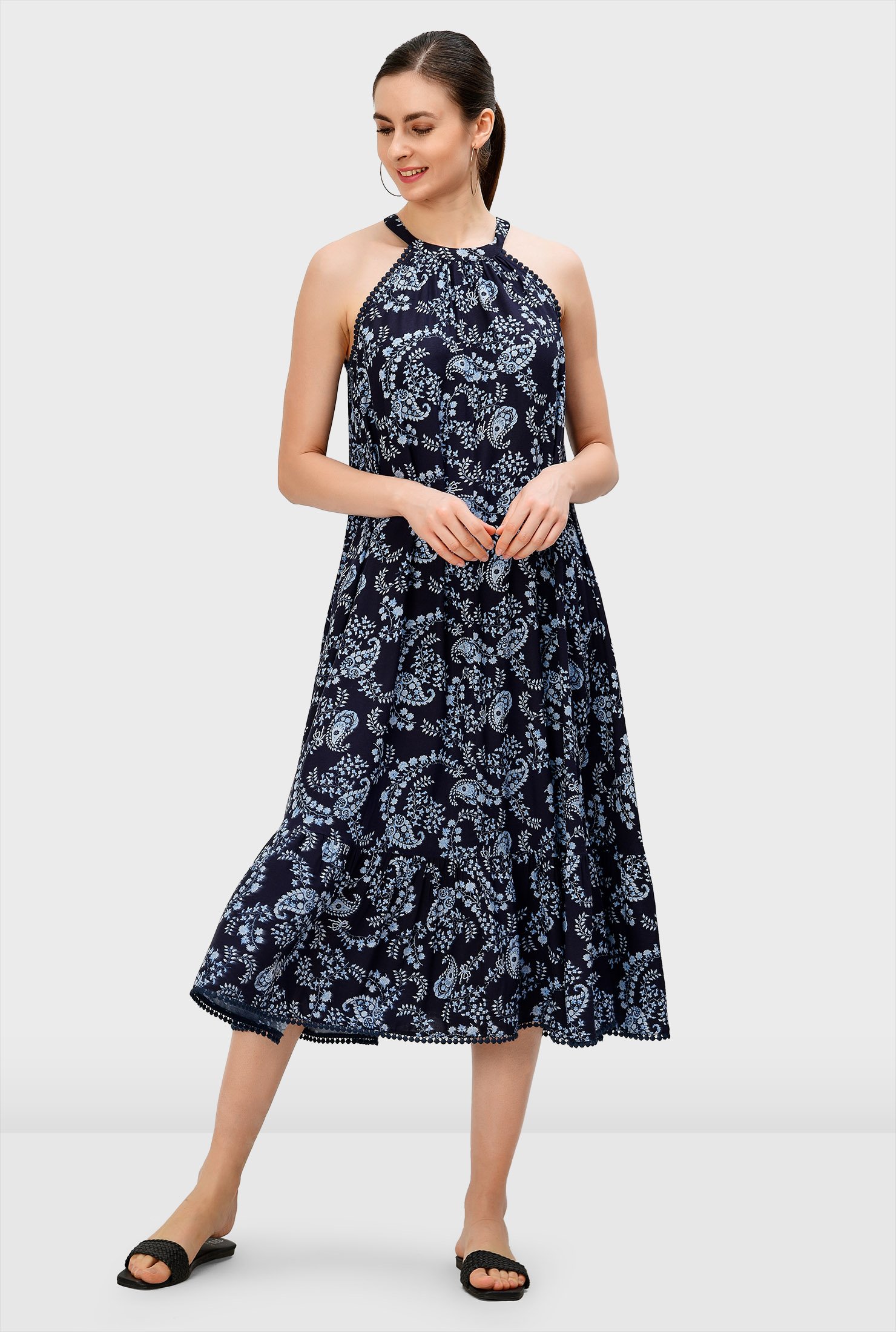 Shop Paisley print lace trim ruffle flounce shift dress | eShakti