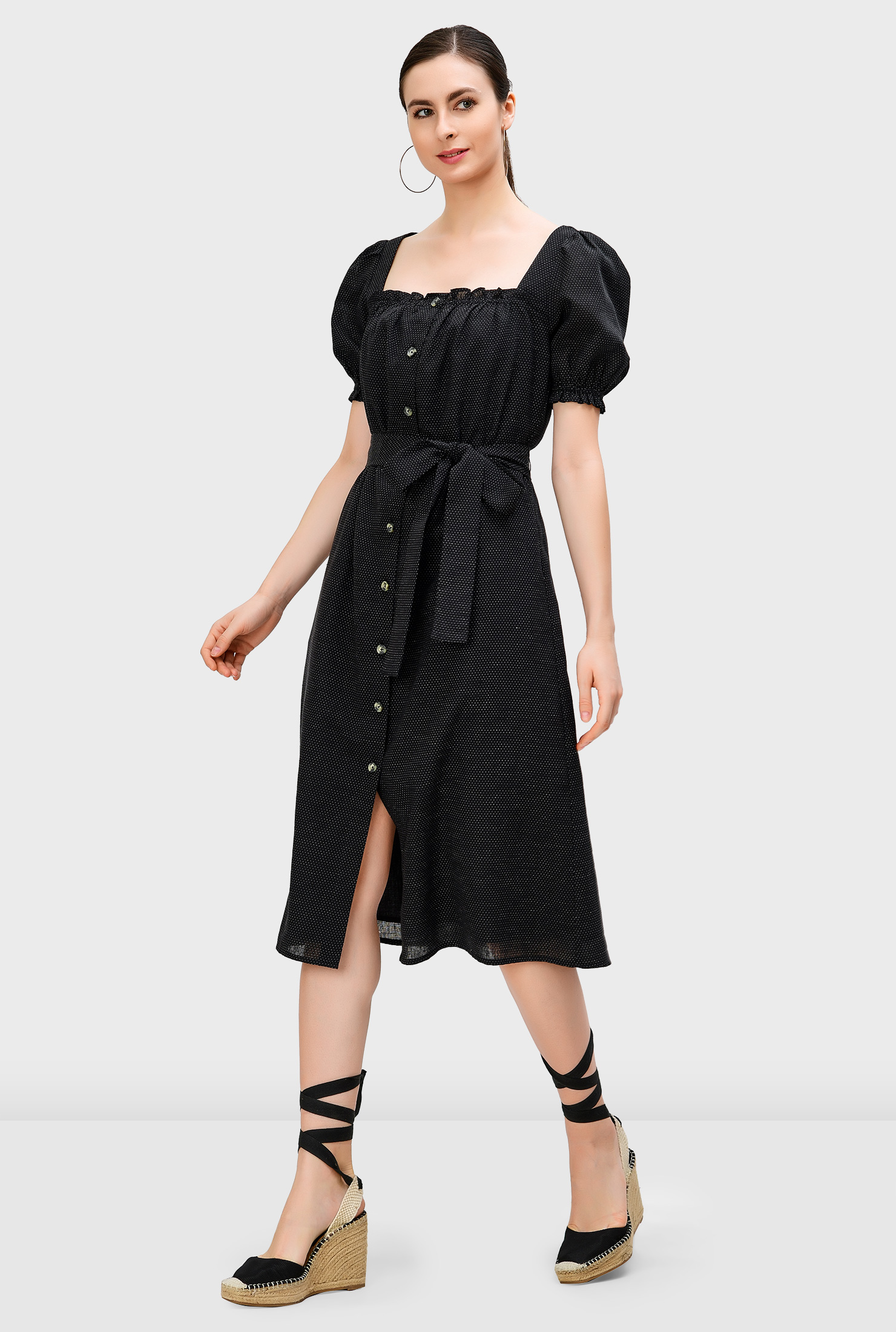 Shop Ruffle frill trim dot cotton linen sashtie dress eShakti