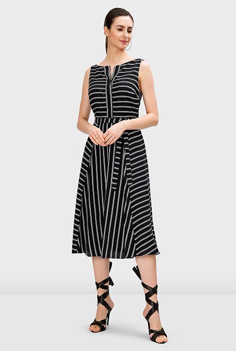 Pieced stripe print sash tie shirtdress