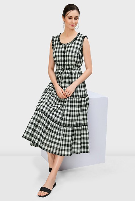 Ruffle trim gingham check cotton voile tiered dress