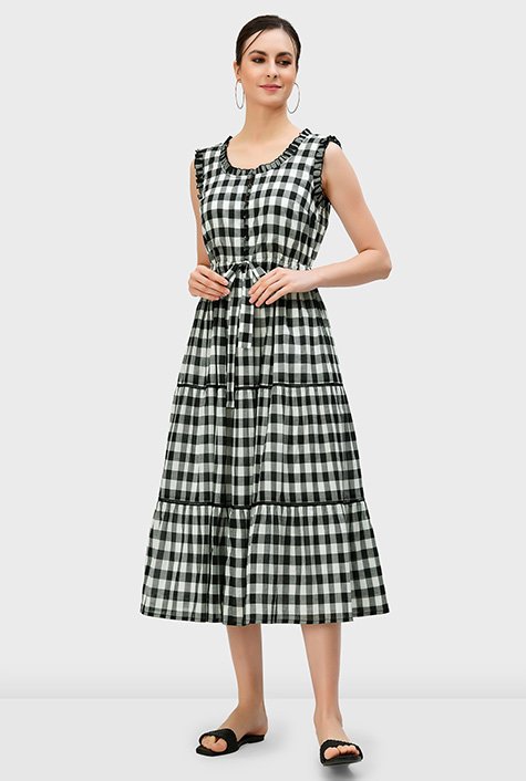 Ruffle trim gingham check cotton voile tiered dress