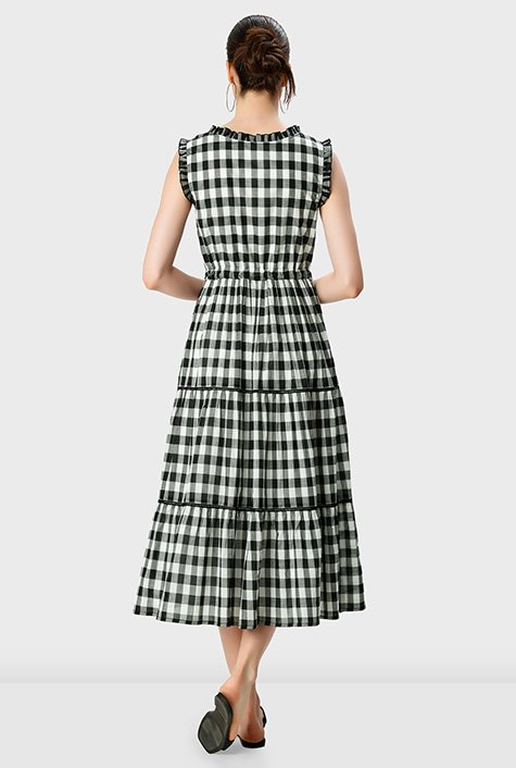 Ruffle trim gingham check cotton voile tiered dress