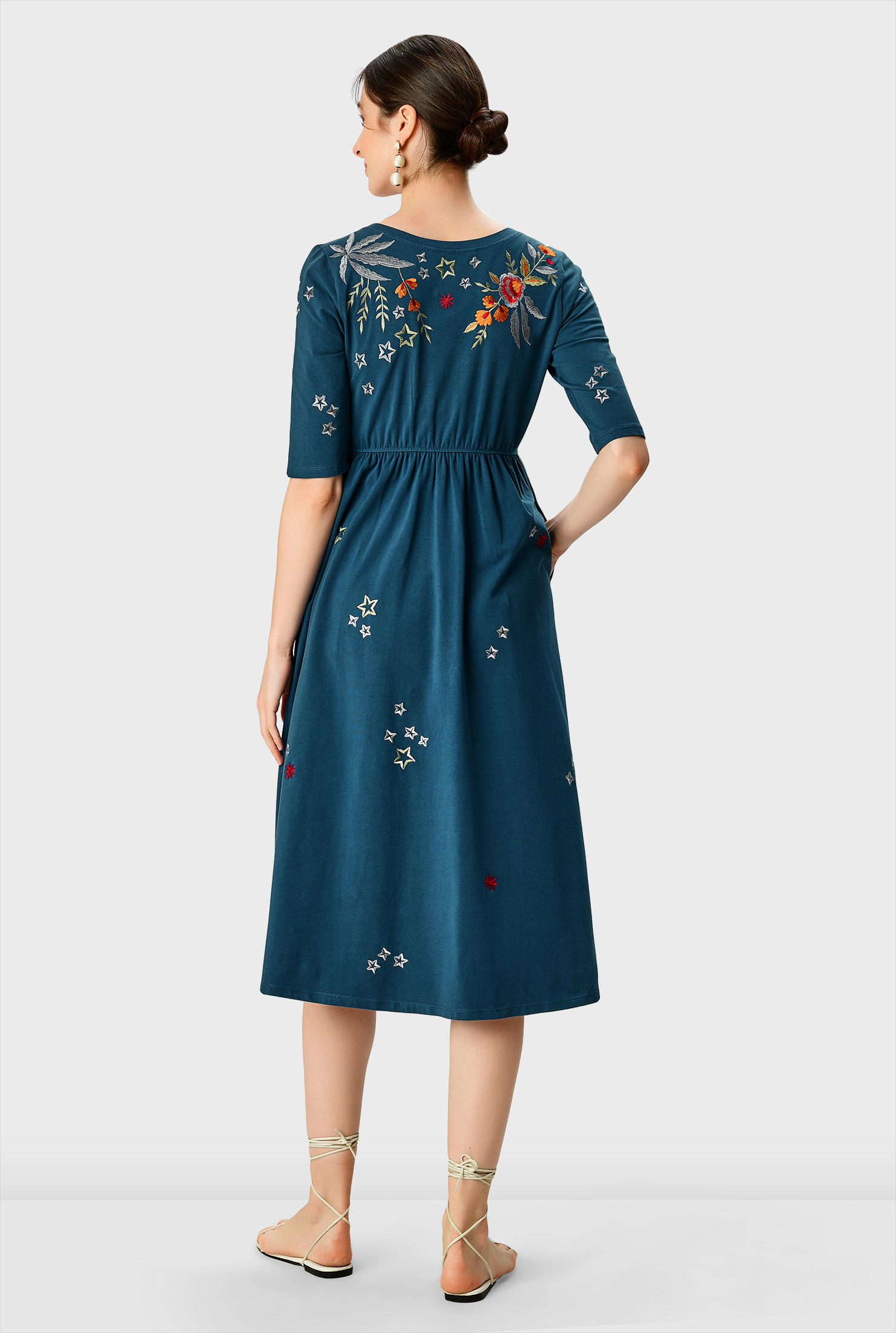 Shop Floral star embroidery cotton jersey empire dress eShakti