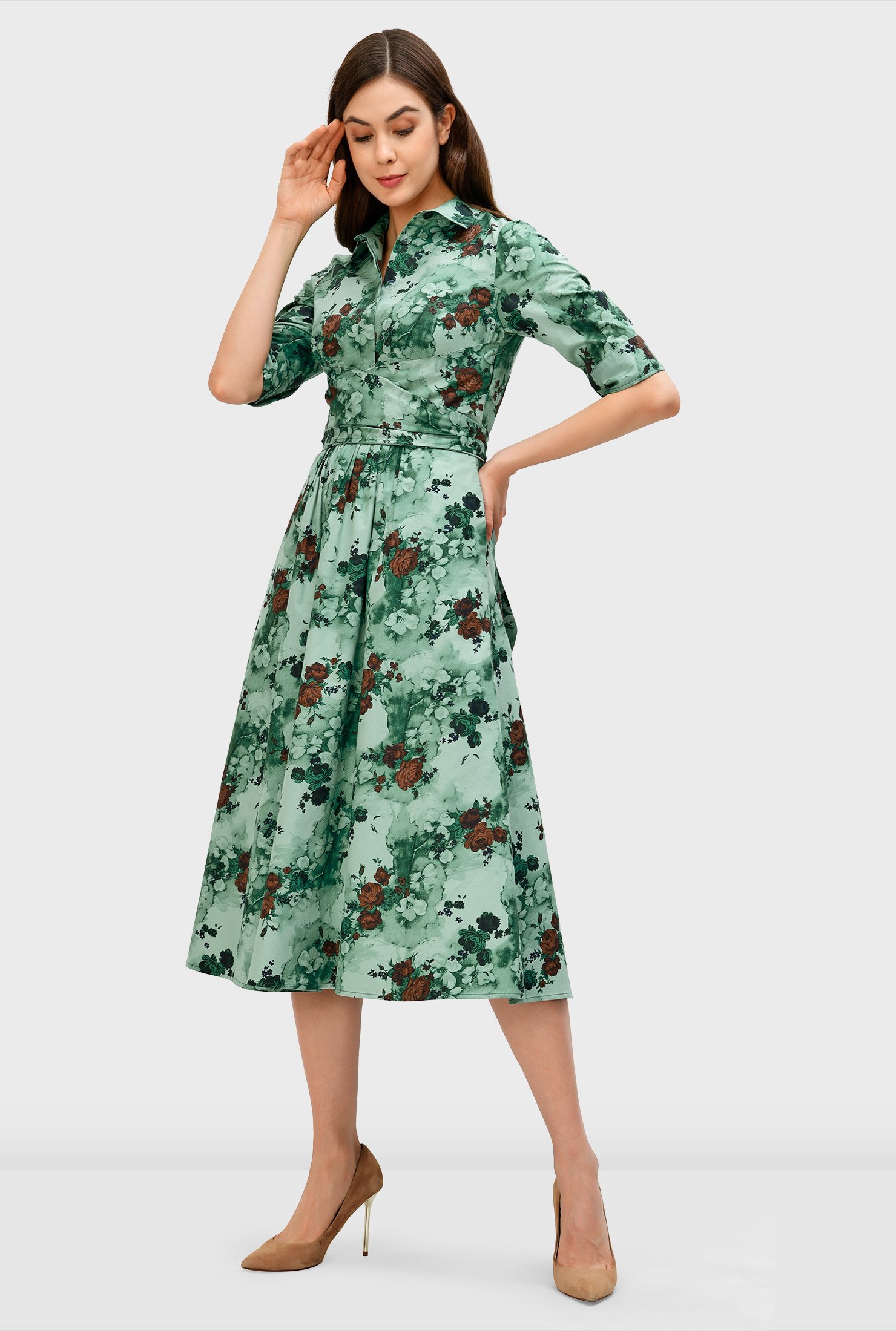 Shop Floral print cotton pleat waist shirtdress | eShakti