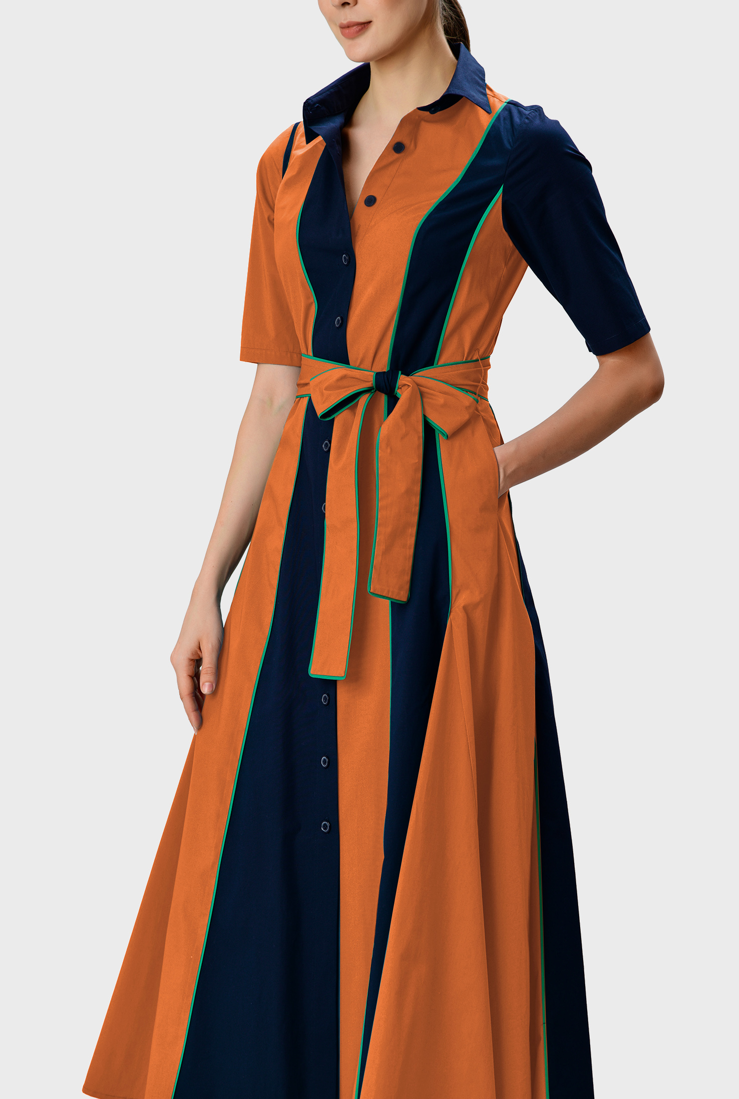 Shop Banded stripe colorblock cotton poplin shirtdress eShakti