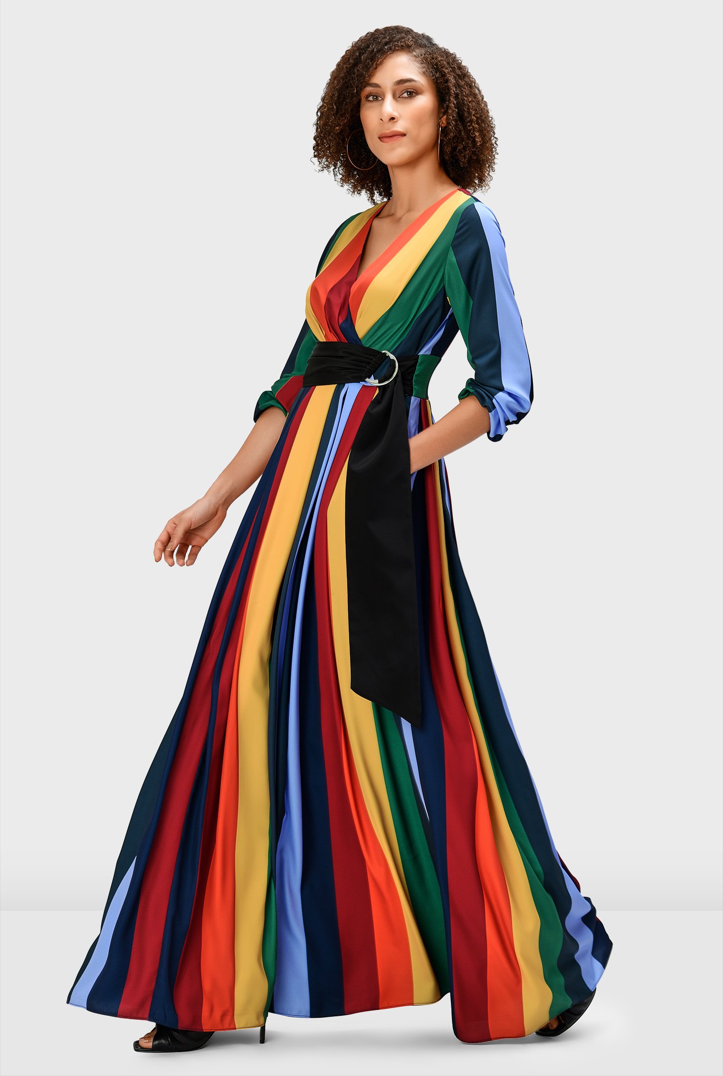 Multi-color stripe print in linear lines adds a slimming effect to our breezy crepe maxi dress detailed with a pleated surplice bodice and strategic ruching to ensure a flattering fit.
