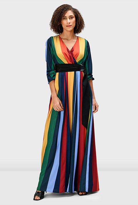 Linear stripe print crepe maxi dress