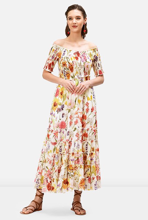 Smocked off-the-shoulder floral print georgette tier dress