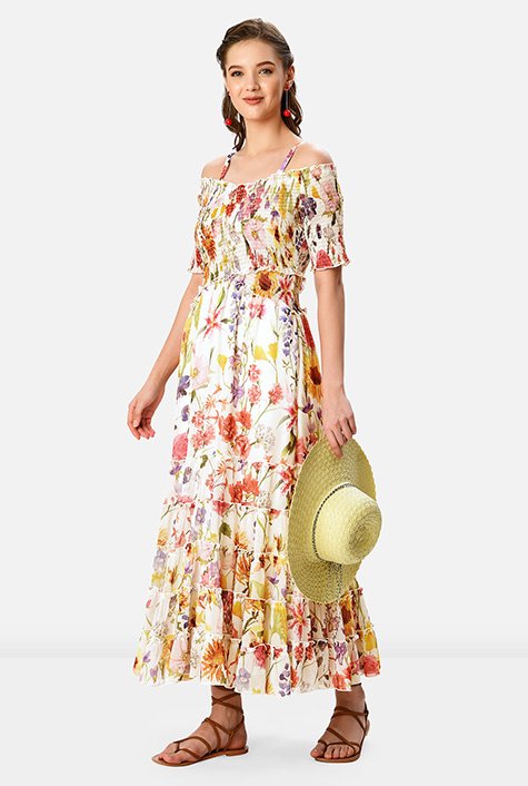 Smocked off-the-shoulder floral print georgette tier dress