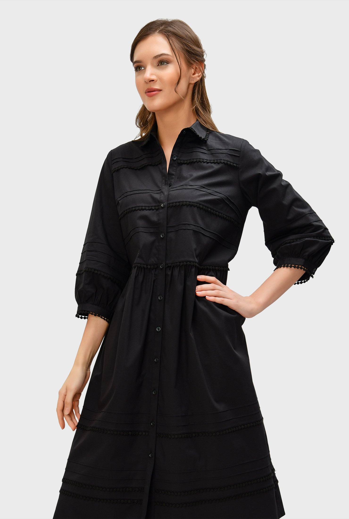 Cotton poplin with crochet lace trim is right at home in our ruched-tier shirtdress ready to take on the week or a weekend adventure.