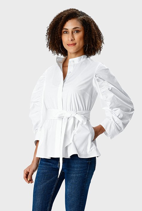 Shop Balloon sleeve cotton poplin peplum top | eShakti