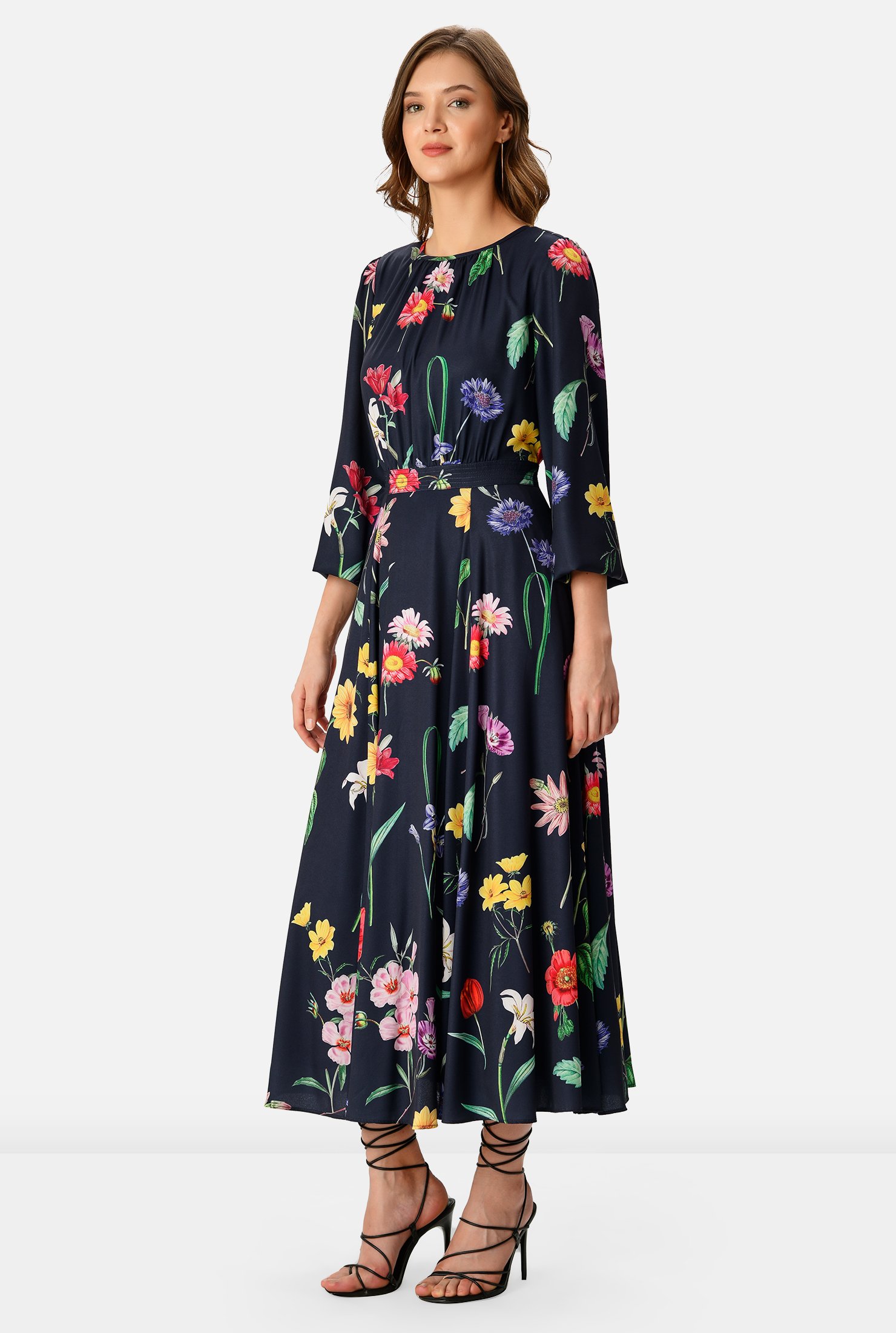 Shop Ruched floral print crepe dress | eShakti