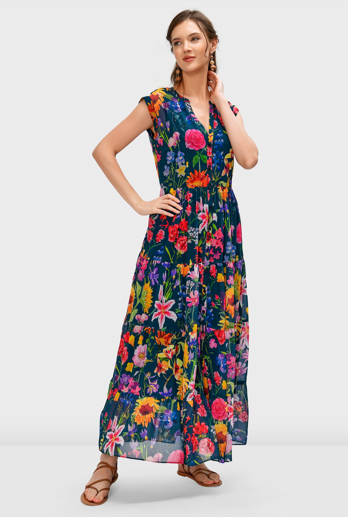 Let's wander and wonder in colorful-petaled florals and a breezy silhouette, everything you need to twirl in summer! Our floral-print georgette dress features ruched tiers at the skirt in a longer length that swirls beautifully as you move.