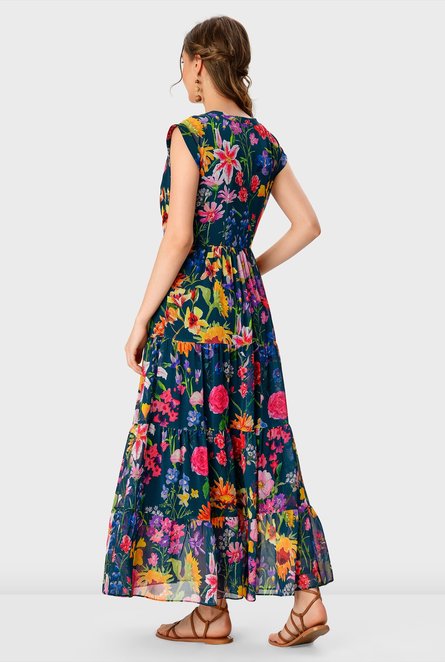 Let's wander and wonder in colorful-petaled florals and a breezy silhouette, everything you need to twirl in summer! Our floral-print georgette dress features ruched tiers at the skirt in a longer length that swirls beautifully as you move.