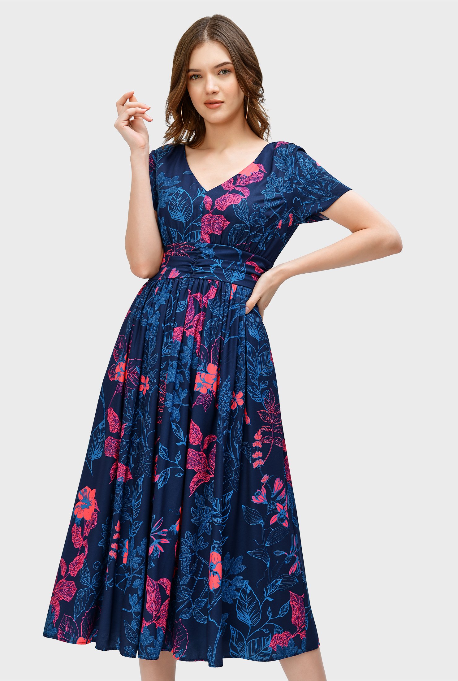 Shop Floral print crepe pleat waist dress | eShakti