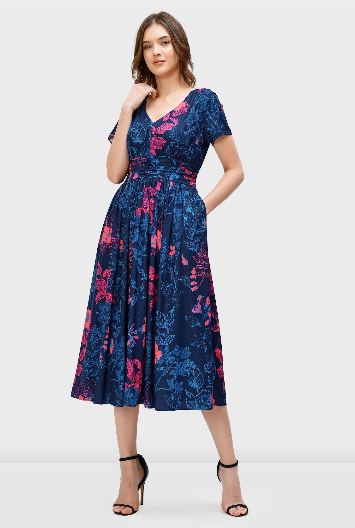 Shop Floral print crepe pleat waist dress | eShakti