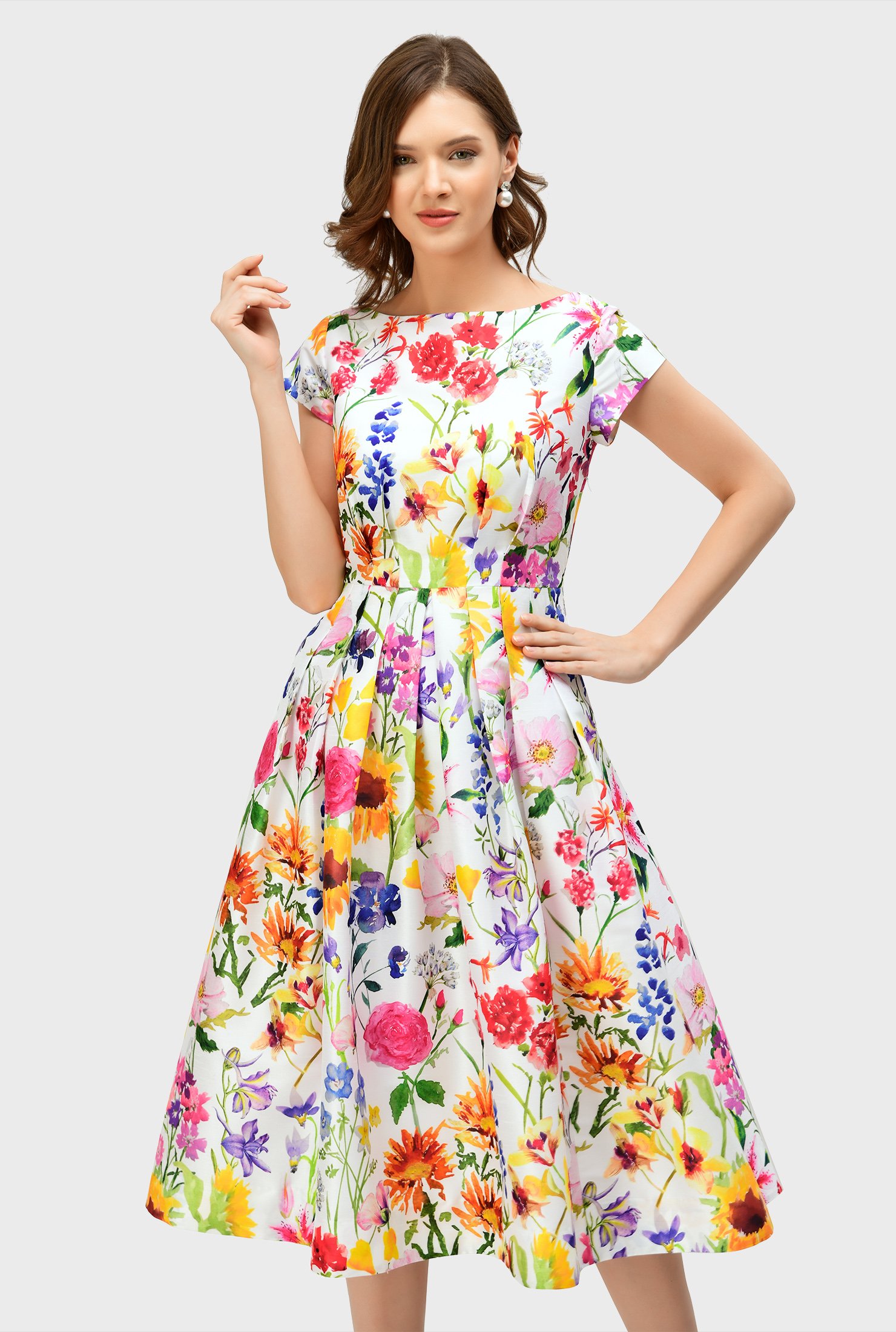 Shop Floral print dupioni release pleat dress | eShakti