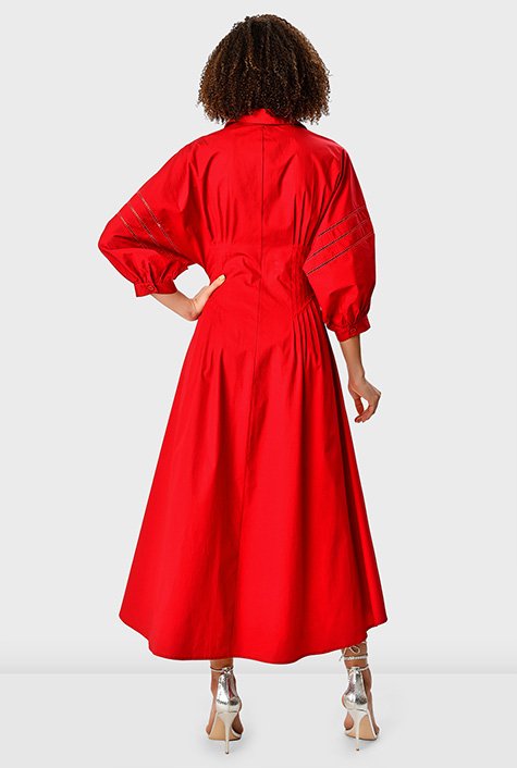 Lattice trim cotton poplin high-low shirtdress