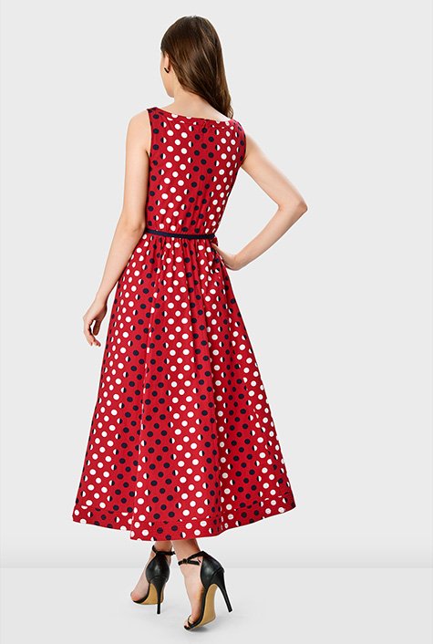 Shop Trapunto trim polka dot print cotton A-line dress | eShakti