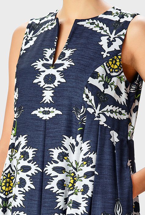 Shop Graphic floral print eShakti dress | crepe shift release pleat