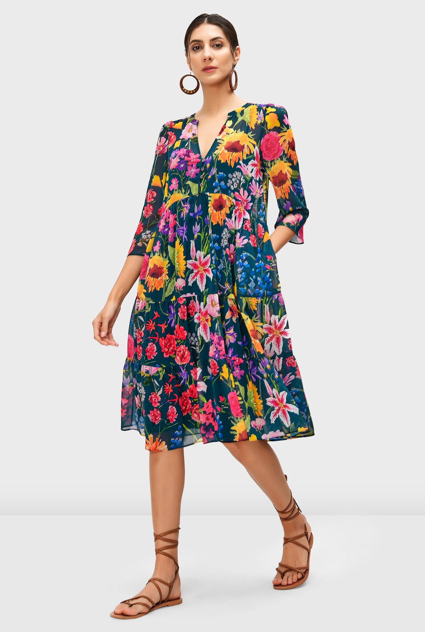 Shop Floral print georgette tiered dress | eShakti