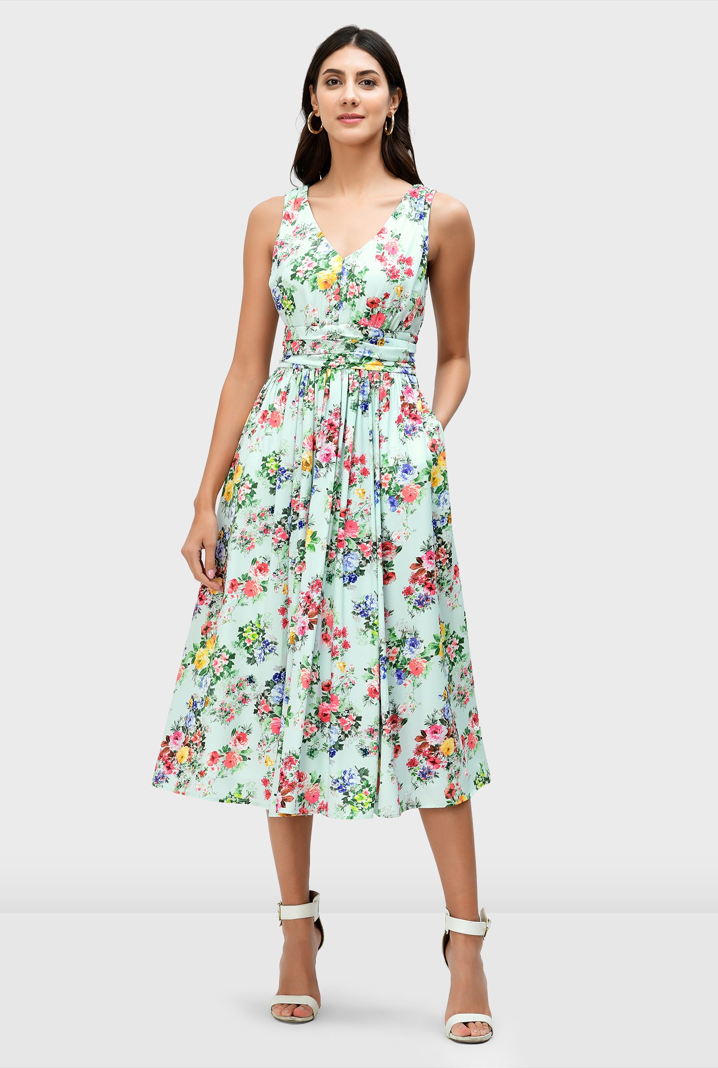 Shop Floral print crepe pleat waist dress | eShakti
