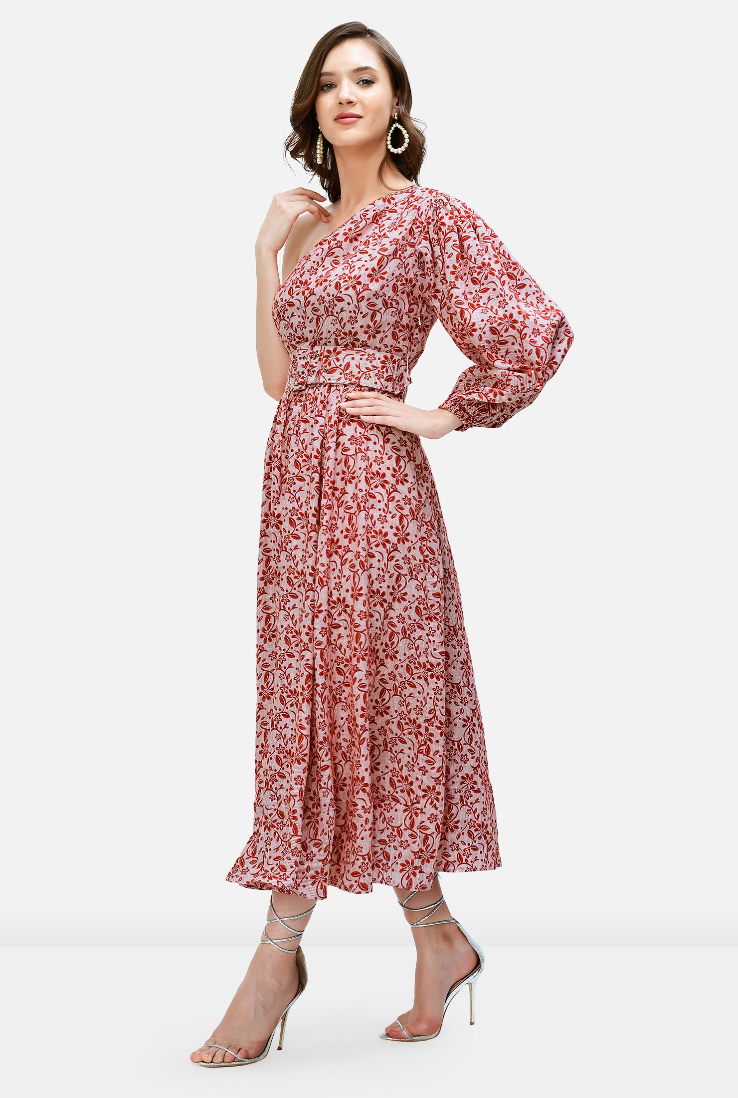 Shop One-shoulder floral vine print linen belted dress | eShakti