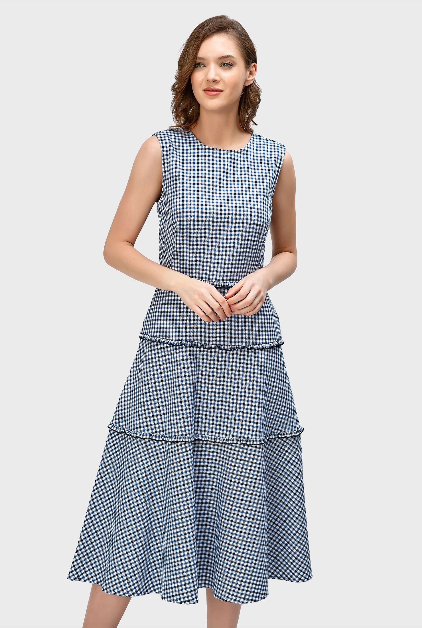 Shop Ruffle Frill Trim Check Cotton Twill Tier Dress Eshakti