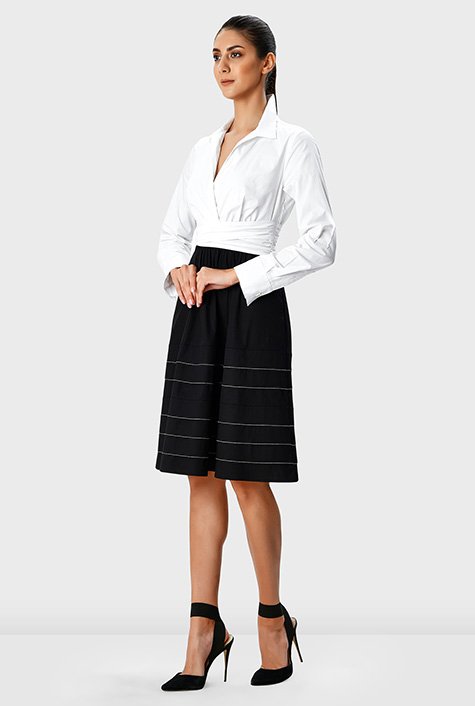 Two-tone cotton poplin pleat waist shirtdress