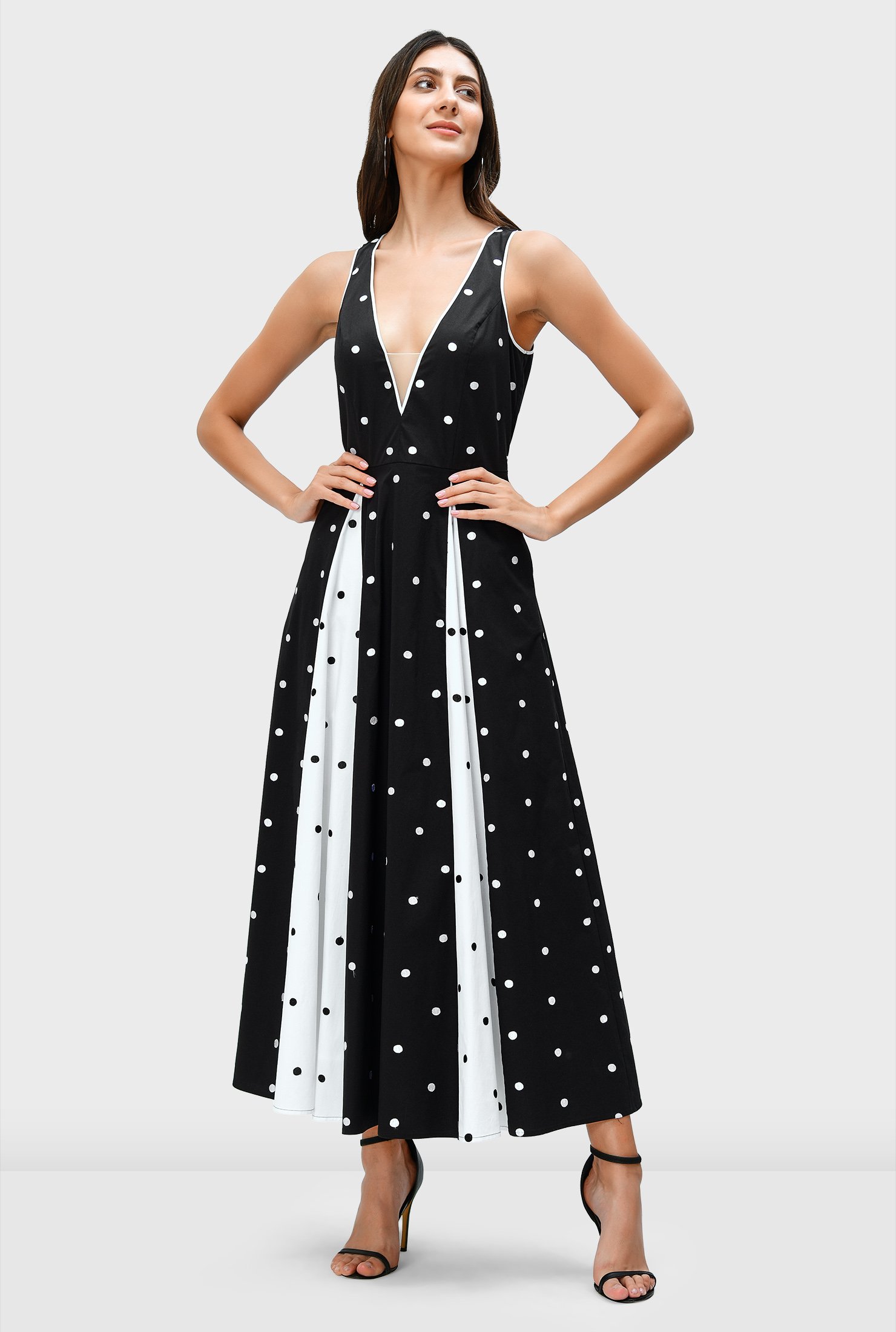 Polka dot embroidery two-tone cotton poplin dress