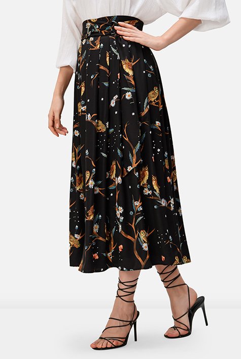 Shop Owl and floral vine print crepe skirt | eShakti