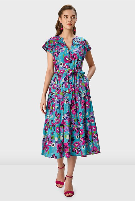 Ruffle trim floral print cotton tiered shirtdress