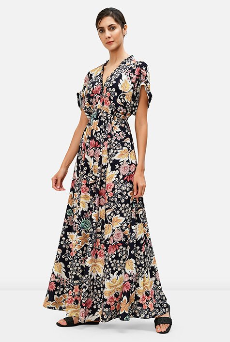 Shop Floral print crepe empire maxi dress | eShakti