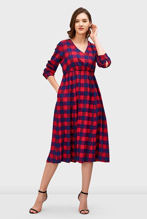 Shop Soft cotton twill check surplice empire dress | eShakti