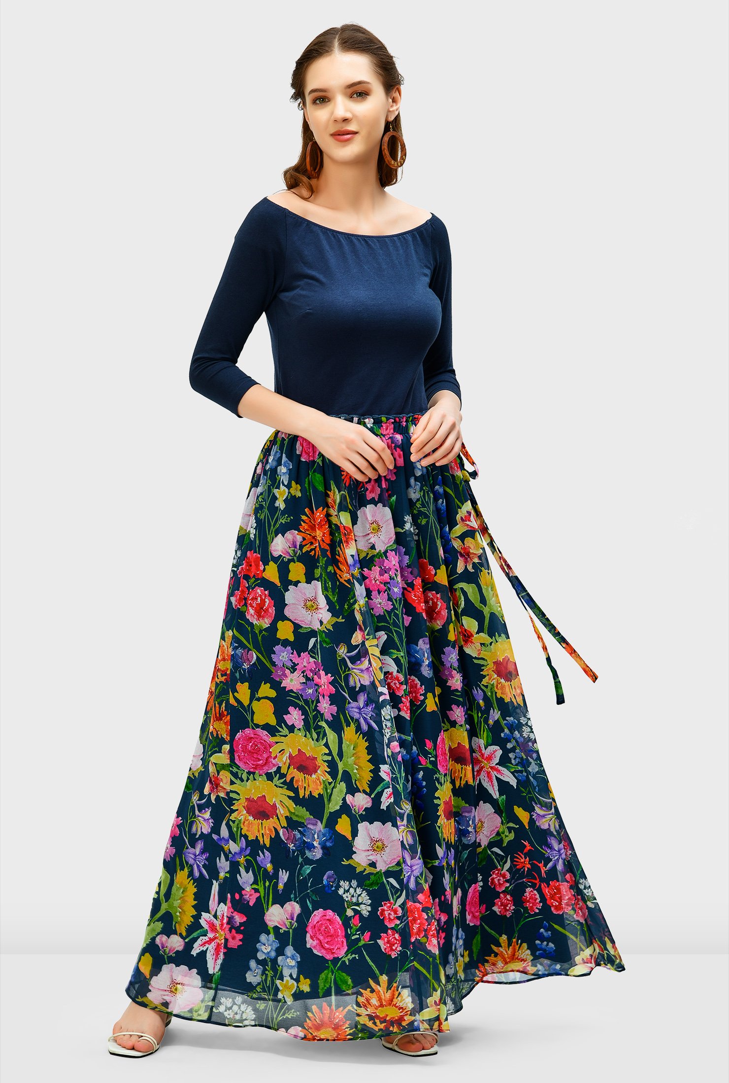 Shop Floral print georgette elastic waist skirt | eShakti